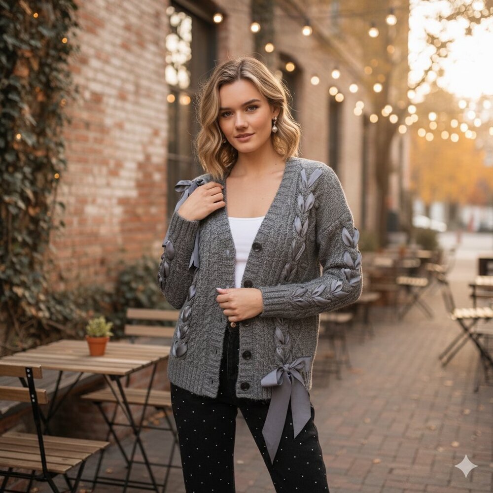 Moon River Hesper Heather Grey Cable Knit Lace-Up Cardigan Sweater One Size NWT